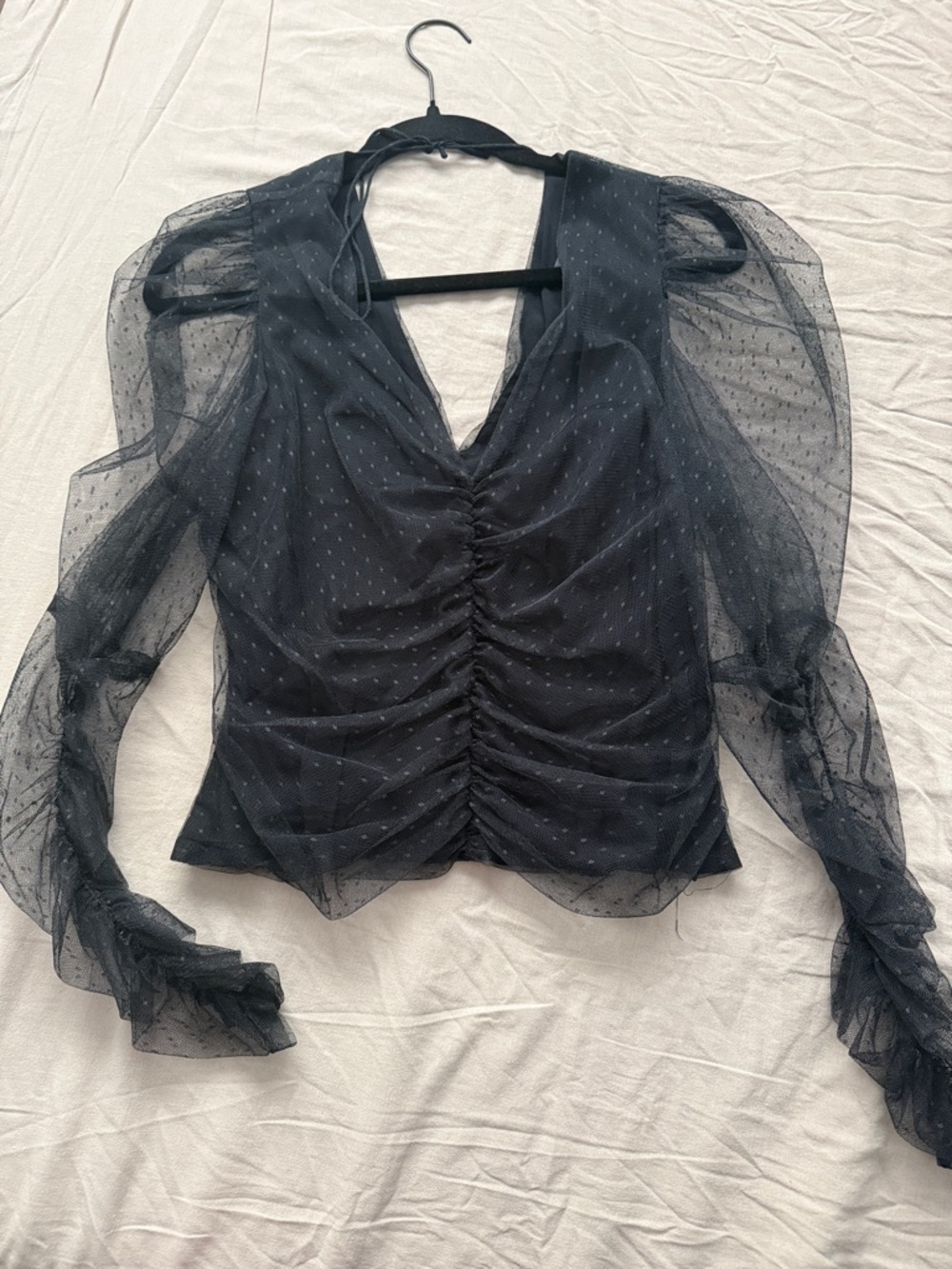 Anthropologie Black Sheer Ruched V-Neck Puff Sleeve Blouse